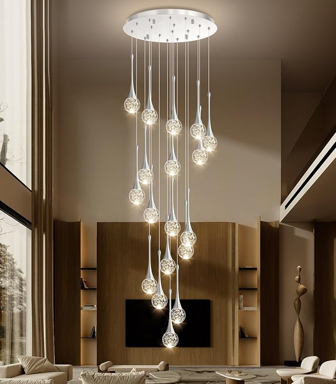18 Light Modern Glam Crystal Chandelier for High Ceiling LED Dimmable Ceiling Pendant Light Staircase Foyer Enterway Living Room Chandelier Lighting Antique Silver