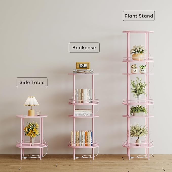 Small Round Side Table with Charging Station,Bedside Table with 2 USB Ports and Outlets, Morden Round Nightstand, Samll Side Table for Living Room,Bedroom, Nursery, Laundry, Pink