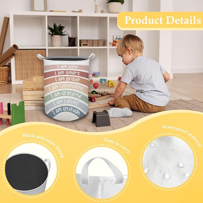 Boho Rainbow Laundry Basket, Positive Affirmations Inspirational Waterproof Collapsible Laundry Hamper Dirty Clothes Storage Toy Bin Organizer for Kids Room College Dorm Bedroom Bathroom