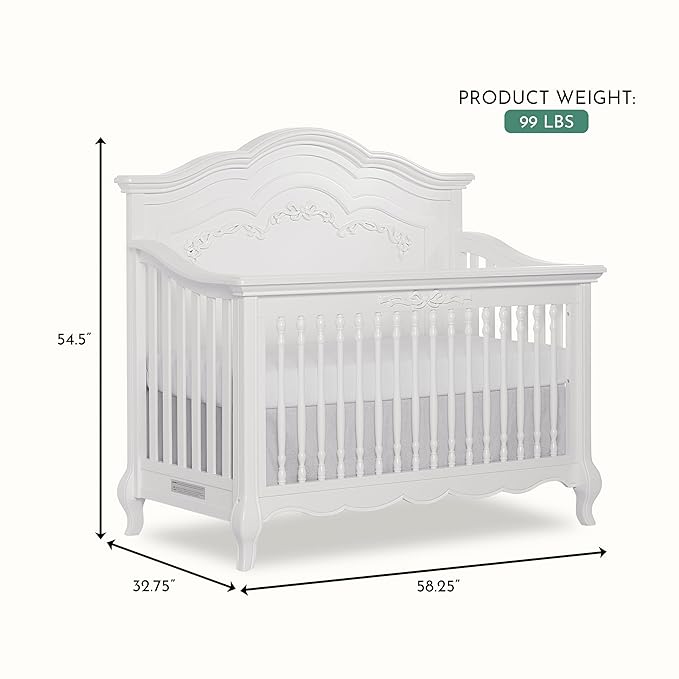 évolur Aurora 5-in-1 Convertible Full-Size Baby Crib in Frost White, GreenGuard Gold & JPMA, 3 Mattress Heights, Ribbon Bow Scrollwork & Queen Anne Feet, Converts to Toddler, Day & Full-Size Bed