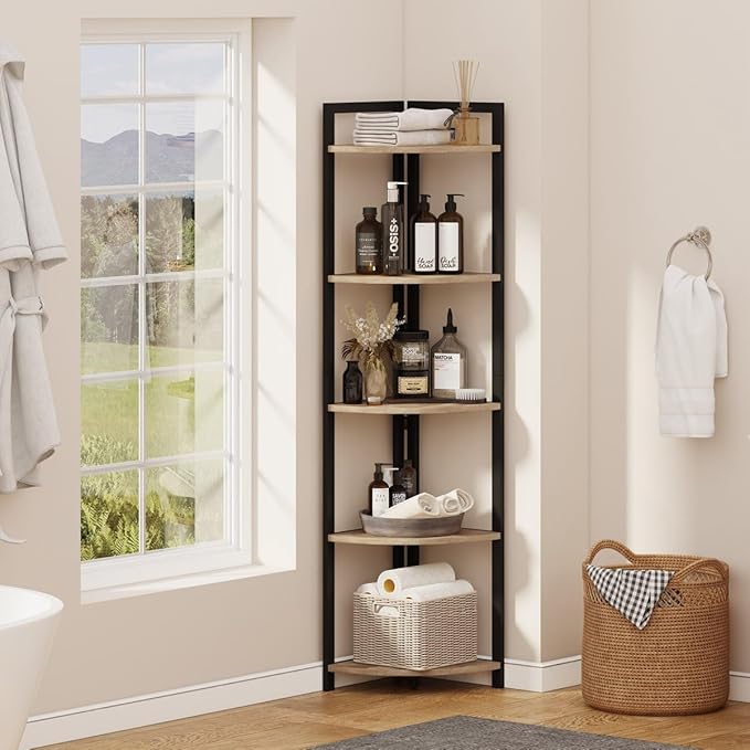 FATORRI Tall Corner Shelf, Industrial Corner Bookshelf, Wood and Metal Corner Shelf Stand for Living Room, Rustic Display Plant Stand for Home Office (Rustic Oak)