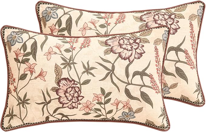 Design Linen Vintage Throw Pillow Covers 12"x20" Pack of 2, Rectangle Cushion Covers with Blue Pink Flowers Green Leaves Pattern Decoration Pillowcases for Bed,Living Room,Outdoor,Car