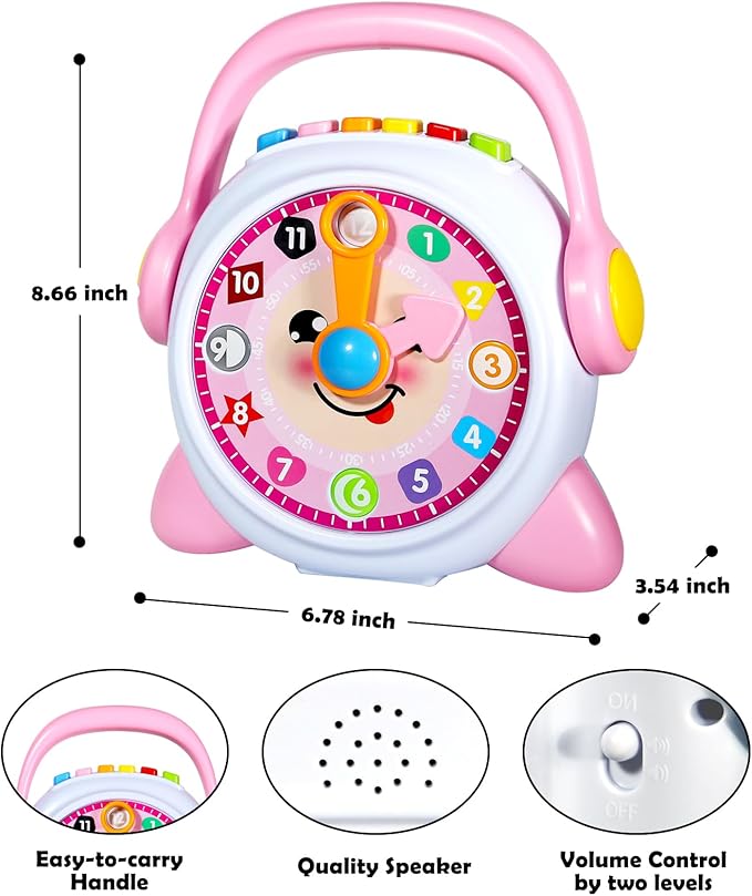 Learning Clock, Learn to Tell Time Clock for Kids & Toddlers Ages 3, 4, 5, 6 Years Old, Educational Teaching Clock Toy with Quiz and Music Sleep Mode, Boy Girl Birthday Present (Pink)