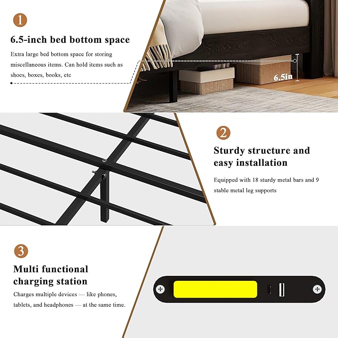 Farmhouse King Size Bed Frame with Headboard Storage Shelf, Wood Platform Bed Frame with LED Lights & Charging Station, Rustic Black Metal Bed, No Box Spring Needed, Noise-Free Sturdy Structure