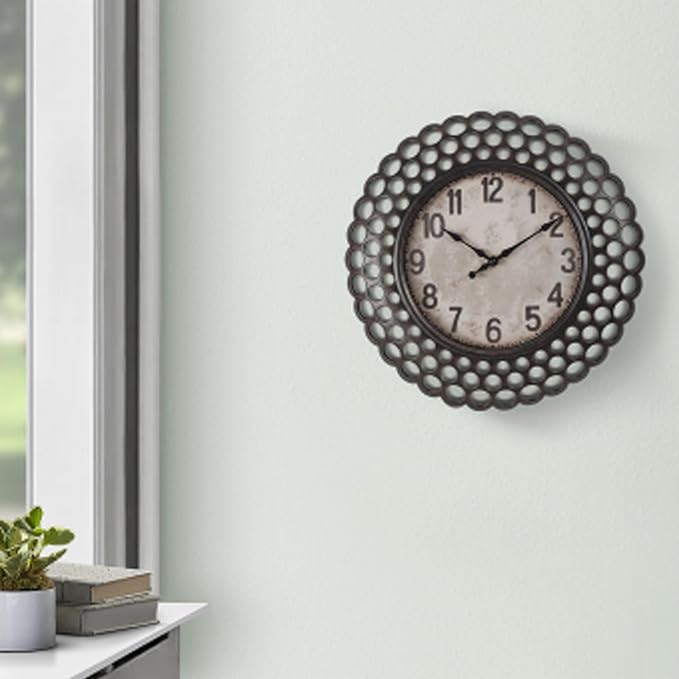 16 Inch Retro Metal Wall Clock, Silent Non-Ticking Battery Operated Round Vintage Clock Decorative for Living Room, Kitchen, Bedroom Decor,Black Arabic Number