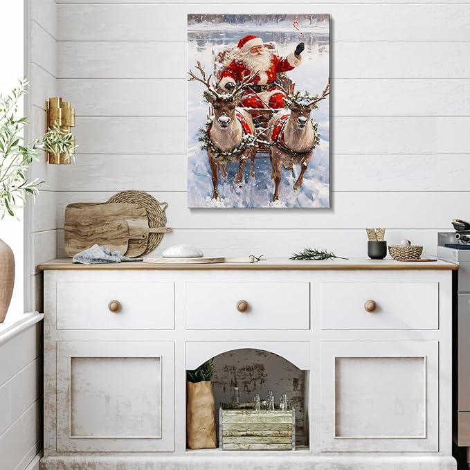 Vintage Santa in Sleigh with Reindeer Christmas Canvas Wall Art - Classic Framed Prints for Living Room & Office, Cozy Winter Snow Scene Nature Decor, Ideal Christmas Gifts & Festive Decorations