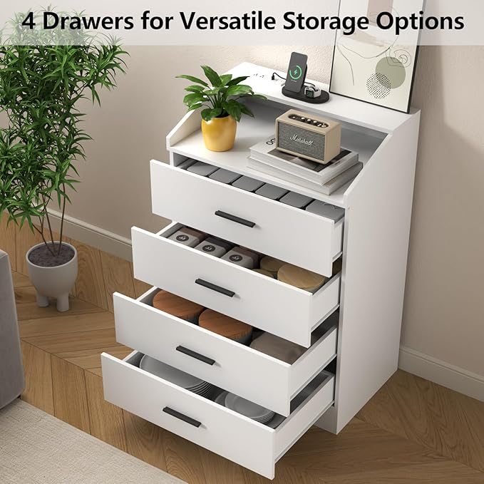 4 Drawers Dresser with Power Outlet, Chest of Drawers with LED Light, White Dresser Organizer with Open Storage Cubby, Modern Nightshatnd for Bedroom, Living Room, Entryway, Hallway