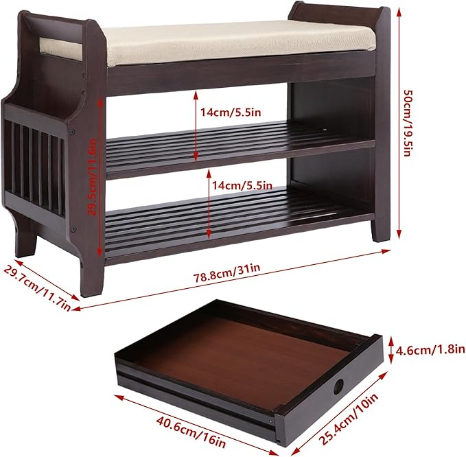 Bamboo Shoe Storage Bench, 3-Tier Shoe Rack with Padded Seat Cushion, Shoe Organizer Shelves for Entryway, Living Room, Bedroom, Hallway, White 31”