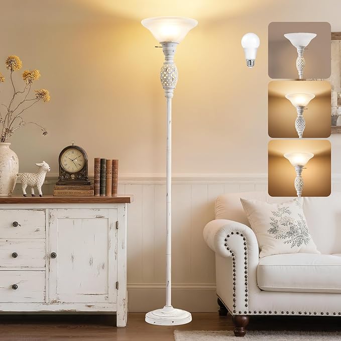 70" Floor Lamps for Living Room with Nightlight, Torchiere Floor Lamps Standing Lamp with Glass Shade, Vintage Floor Lamp with Rotary Switch,Tall Lamps for Home, Bedroom, Office, Corner,Bulb Included