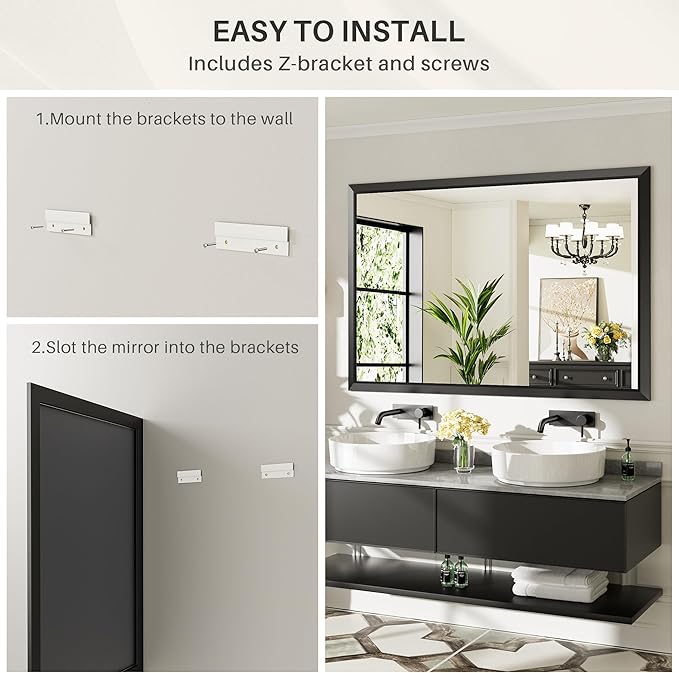 72x32 Inch Black Bathroom Mirror for Wall, Thick Metal Framed Rectangle Mirrors for Over Sink, Bedroom, Living Room, Entryway, Anti-Rust, HD Tempered Glass