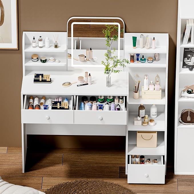 White Makeup Vanity Desk with LED Mirror & 5-Tier Sloped Shelves, 7 Open Storage Areas & 3 Drawers, Adjustable 3-Color Lighting Dressing Table