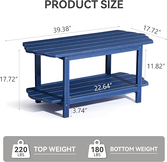 2-Tier Patio Table - Outdoor Coffee Table - Adirondack Deck Table - HDPE Pool Side Table - Blue - 17.7 x 39.4 inches