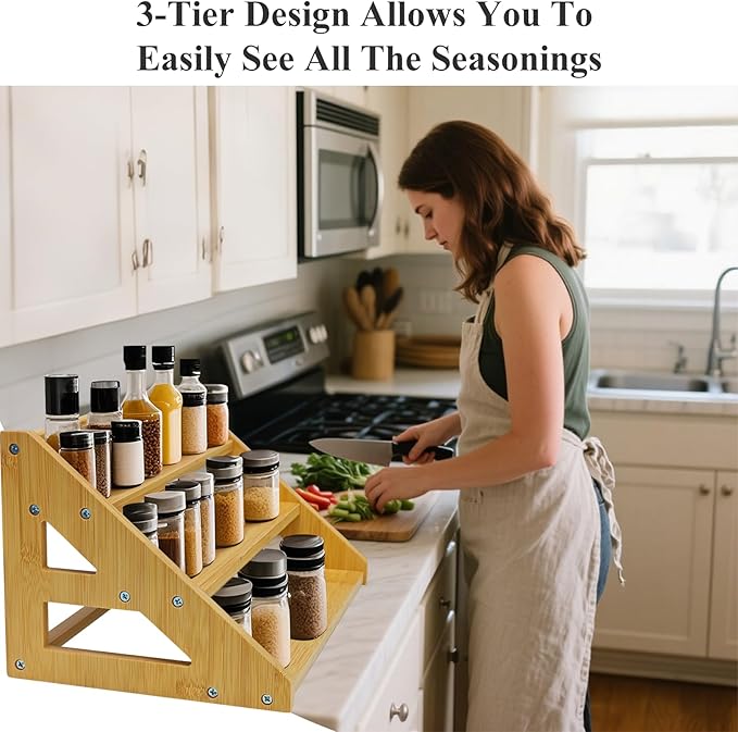 3-Tier Spice Rack Organizer,Bamboo Spice Rack for Kitchen Countertops,Cabinets & Pantries,Modern Space-Saving Design, Durable Bamboo Organizer (Spice Bottles Not Included)