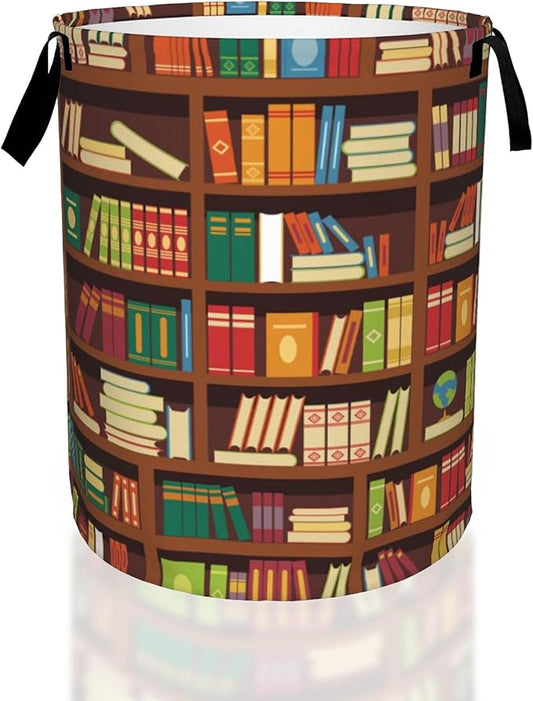 Library Book Shelf Pattern Laundry Basket,Waterproof Foldable Laundry Hamper,Dirty Clothes Laundry Basket, Linen Bin Storage Organizer for Toy Collection 16" x 20"