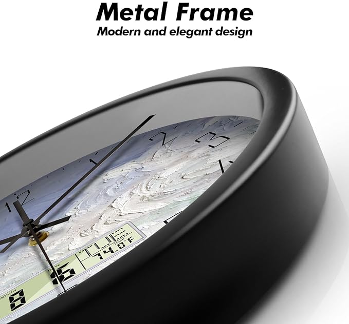 Digital Wall Clock Battery Operated with Day and Date Temperature Blue White Wave Calendar Clock with Large Display Silent for Room Bathroom Bedroom Living Room Farmhouse Decor 14 Inch