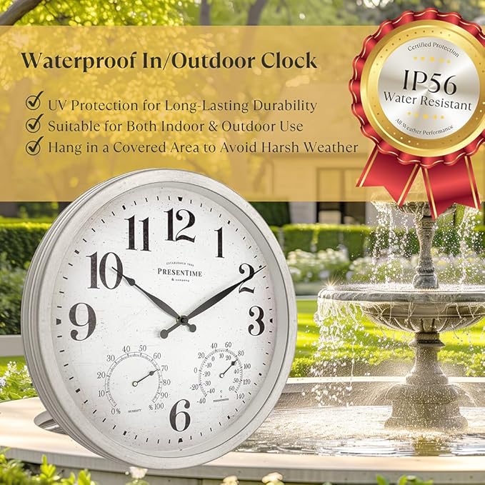 Presentime & Co 16" Farmhouse Series in/Outdoor Clock with Thermometer & Hygrometer, Weathered White Color. Weather Thermometer, Weather Station, Farmhouse Décor, Outdoor Décor, Wall Décor.