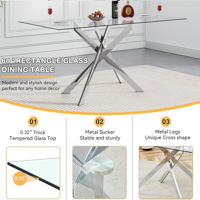 Modern Glass Dining Table Set for 4, Silver Glass Kitchen Table and Chairs Set of 4, 5 Piece Dining Room Table Set with 61" Rectangular Metal Glass Dinner Table and 4 Grey Leather Dining Chairs