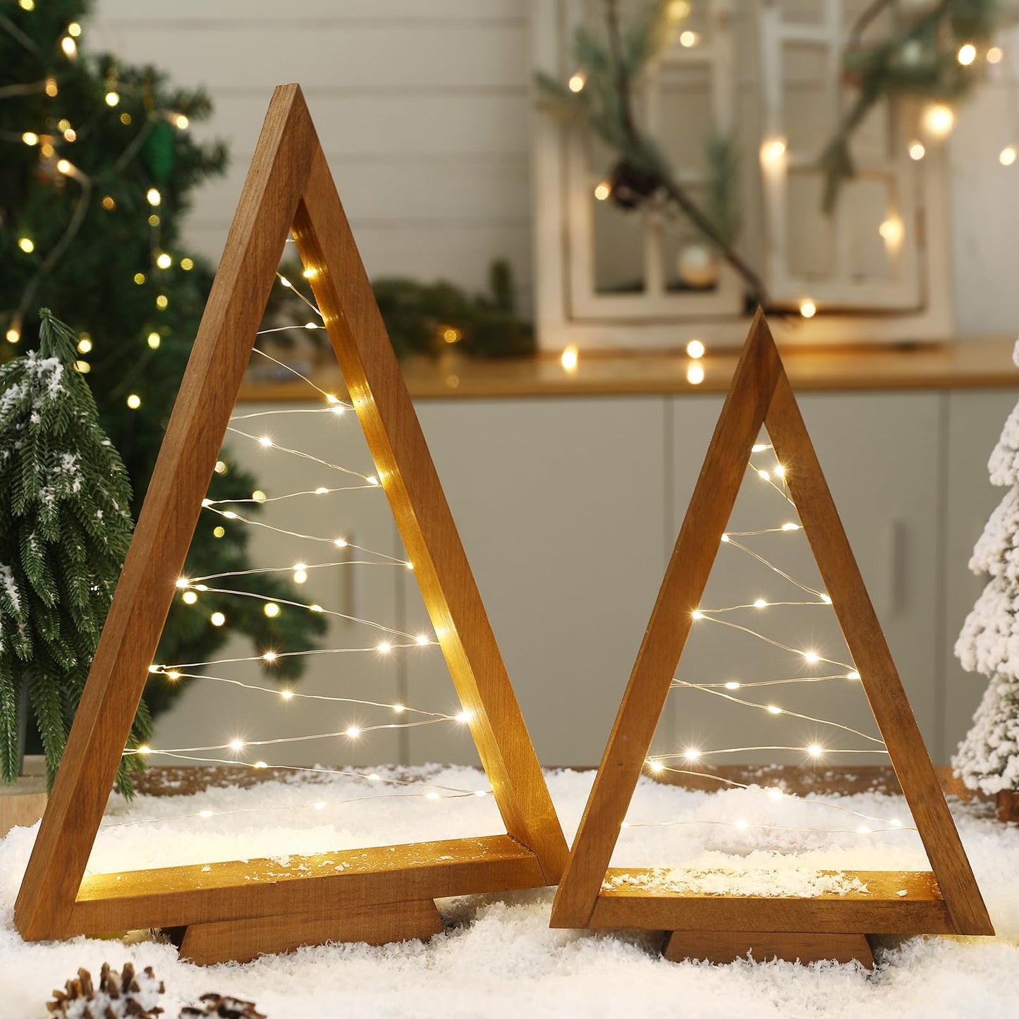 Christmas Decorations-2PCS Light Up Wooden Christmas Tree- Handmade Tabletop Christmas Tree with Light for Farmhouse Home Kitchen Table Mantle Shelf Party Decor