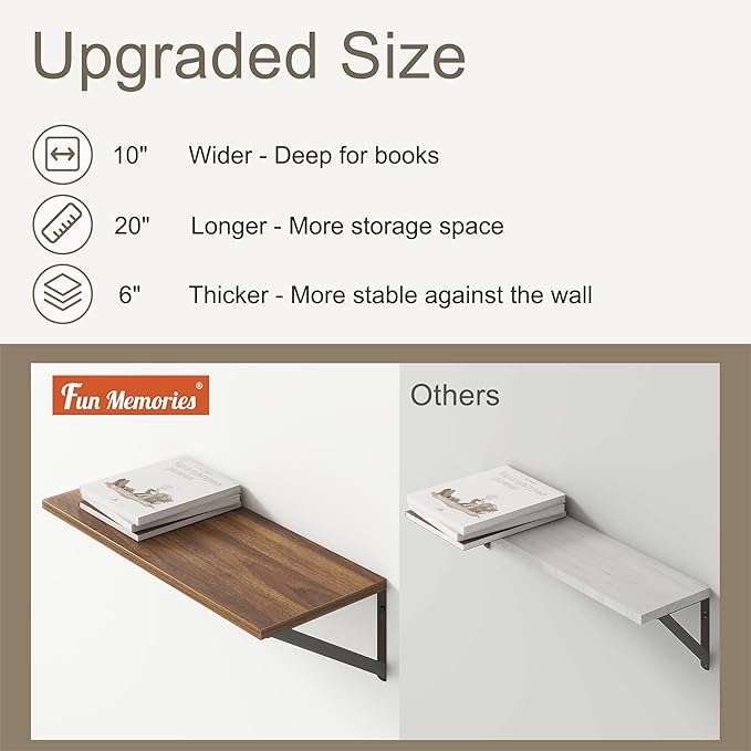 Fun Memories 20 Inch Floating Shelves, Deep Wall Shelves for Kitchen, 20 x 10 Floating Shelf for Living Room, Bedroom, Farmhouse Floating Shelves for Home Decor Storage, Walnut, Set of 2