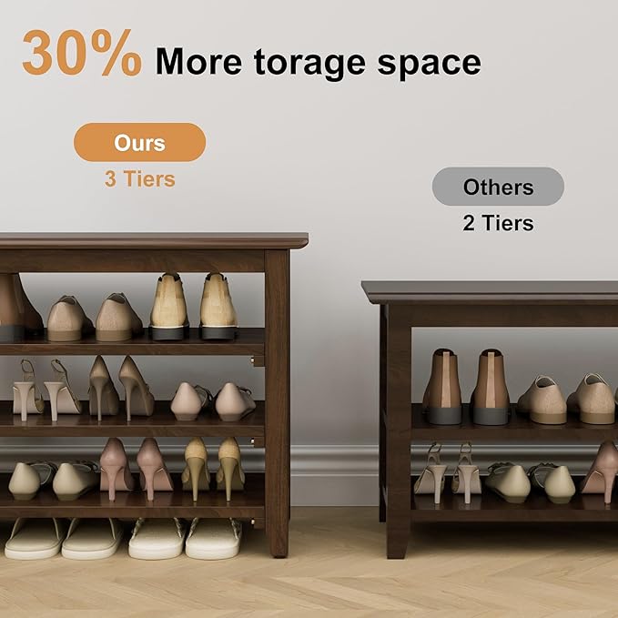Wooden Storage Shoe Bench, Entryway Bench with 3-Tiers Height Adjustable, Shoe Rack Front Doors Entrances for Hallway Living Room,Mudrooms (Brown,25.6")