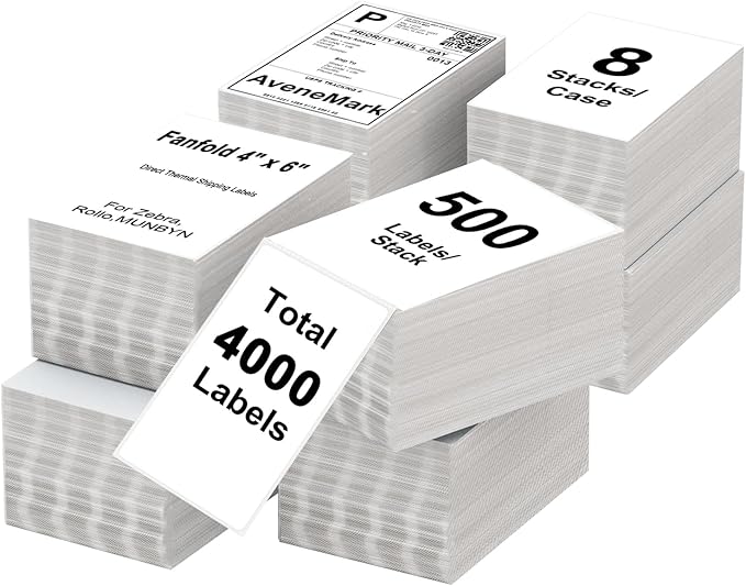 AveneMark 8 Stacks 4000 Labels 4" x 6" Fanfold Direct Thermal Labels, Postage Shipping Labels Paper with Perforated, Strong Adhesive Label for Zebra, Rollo, MUNBYN Thermal Printer,500 Labels per Stack