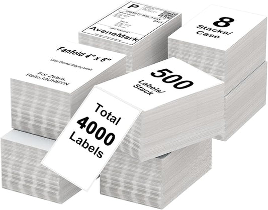AveneMark 8 Stacks 4000 Labels 4" x 6" Fanfold Direct Thermal Labels, Postage Shipping Labels Paper with Perforated, Strong Adhesive Label for Zebra, Rollo, MUNBYN Thermal Printer,500 Labels per Stack