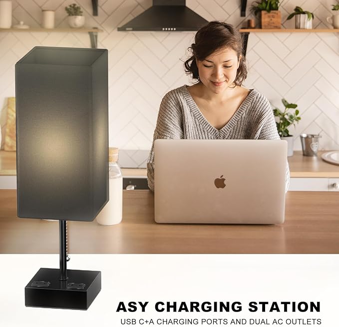 Table Lamp for Bedroom with USB,Bedside Lamp with USB C+A Charging Ports,Adjustable 3color LED Light for Home Decor/Nightstand/Office,Included Bulb and Fabric Lamp Shade (Linen Black, 2PCS)