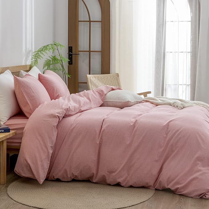BESTOUCH Duvet Cover Set 100% Washed Cotton Linen Feel Super Soft Comfortable Chic Lightweight 2 PCs Home Bedding Set Solid Red Pink Twin/Twin XL