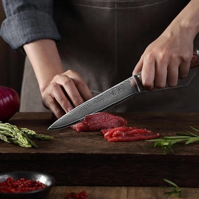 Wakoli EDIB Damascus Meat Knife – 7-inch blade made of 67 layers of Damascus steel with VG10 core, ergonomic Pakkawood Handle, for Meat, Fish, BBQ, Roasts & more – in Gift Box