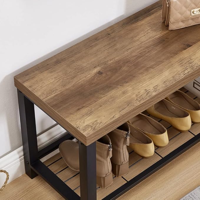 FOLUBAN Entryway Bench, Modern Shoe Storage Bench, Rustic Wood and Metal Entry Bench for Hallway Front Door Entrance, Industrial Indoor Bench for Bedroom Living Room, Oak, 43.3 Inch