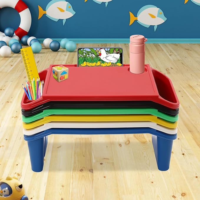 6 Pack Kids Lap Desk Tray with Storage Slots, Stackable Portable Lap Tray - Multicolor Kids Plastic Table, Activity Trays, Laptop Desk for Bed, Nursery, Reading, Doing Homework, 19.7x9.8x7.1''