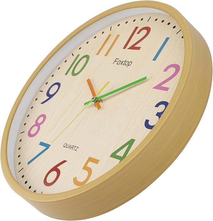 Foxtop 14 Inch Kids Wall Clock Silent Non-Ticking Battery Operated Colorful Childrens Wall Clock for Classroom Playroom Nursery Bedrooms Kids Room School