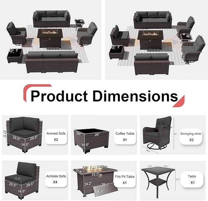 Kurapika 11 Pieces Patio Furniture Set, Rattan Wicker Outdoor Conversation Sets w/43in Propane Fire Pit Table, Swivel Rocking Chairs Patio Sectional Sofa w/4 Inch Cushion, Grey