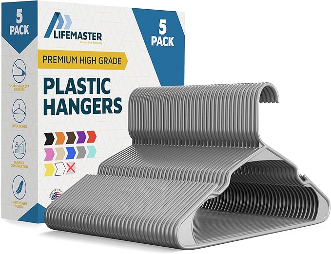 Plastic Clothes Hangers – Heavy Duty Hanger Set, for Organizing Clothes, Dresses, and Coat, Holds Up to 5 lbs, Space-Saving Hangers with Non-Slip Shoulder Grooves, Pack of 5, Gray