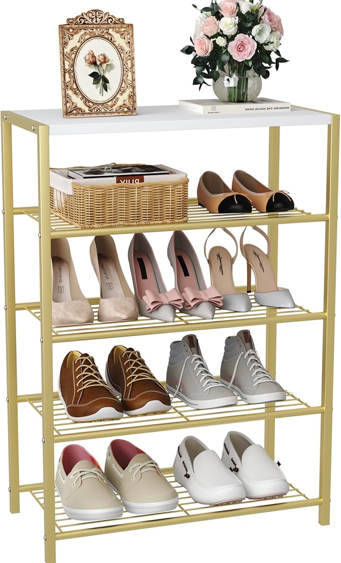 HOMEFORT 5-Tier Shoe Rack, Shoe Storage Shelf, Industrial Shoe Tower, Narrow Shoe Organizer for Closet Entryway, Small Shoe Rack Table with Durable Metal Shelves, Gold