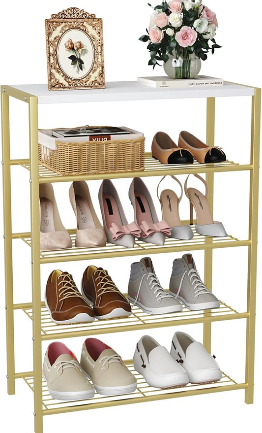 HOMEFORT 5-Tier Shoe Rack, Shoe Storage Shelf, Industrial Shoe Tower, Narrow Shoe Organizer for Closet Entryway, Small Shoe Rack Table with Durable Metal Shelves, Gold