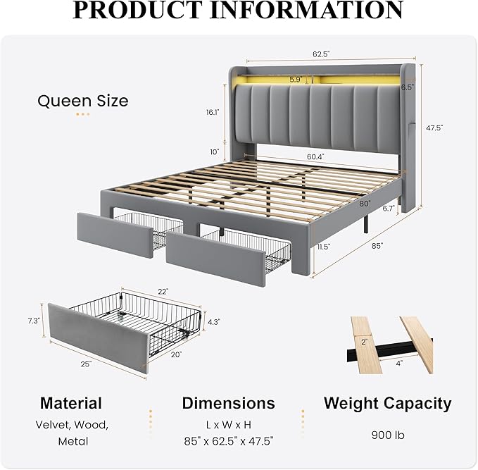 SHA CERLIN Velvet Queen Bed Frame with Vertical Channel Tufted Wingback Headboard & 2 Storage Drawers/2-Tier Shelves with LED Lights & Charging Station/Noise-Free/No Box Spring Needed/Light Grey