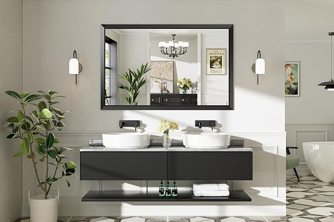 55x36 Inch Black Bathroom Mirror for Wall, Thick Metal Framed Rectangle Mirrors for Over Sink, Bedroom, Living Room, Entryway, Anti-Rust, HD Tempered Glass