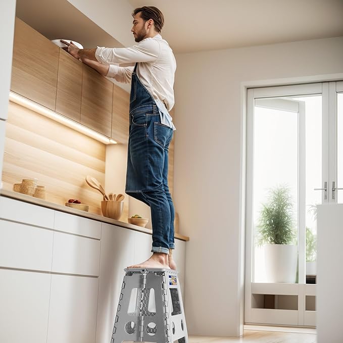 ACKO Folding Step Stool Foldable 17.5 Inch 400 lbs Capacity, Plastic Stools for Adults and Kids, Collapsible Stools for Kitchen, Stepping Stool with Handle(Grey)