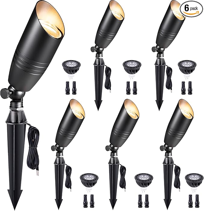 Low Voltage Spot Lights - Black Solid Brass Landscape Spotlight Wired, 12V Outdoor LED Bullet Uplights, Waterproof Electric for Patio Wall with 5000K Daylight MR16 Bulb (6 Pack)