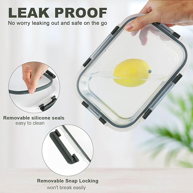 30 Pieces Glass Food Storage Containers Set, Glass Meal Prep Containers Set with Snap Locking Lids, Airtight lunch Containers for Microwave, Oven, Freezer & Dishwasher,Gray