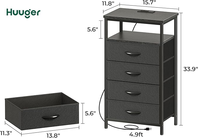 Huuger Night Stand with Charging Station, 4 Drawer Dresser for Bedroom, Bedside Table, 33.9 Inch Tall Nightstand with Open Shelf, End Table, for Closet, Entryway, Bedroom, Black 8055BC
