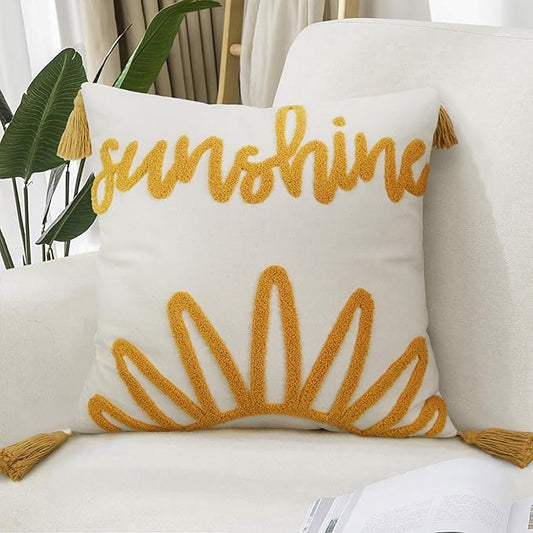 Merrycolor Boho Tufted Decorative Throw Pillow Covers 18x18 with Tassels Sunshine Bohemian Pillow Covers Cushion Covers for Couch Sofa Bedroom Living Room Yellow Beige 1PC