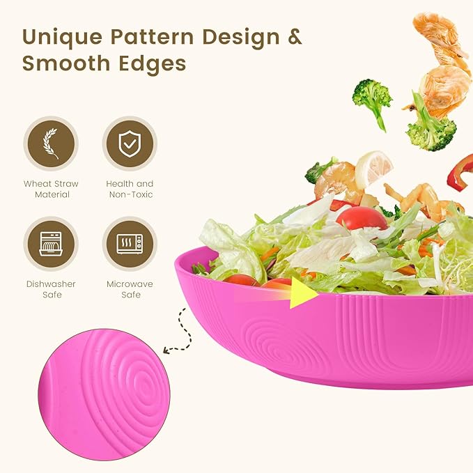Homienly Wheat Straw Large Salad Bowls, 60 OZ Large Serving Bowls for Kitchen, Camping, Party, Microwave and Dishwasher Safe, Unbreakable Lightweight Big Bowls for Fruit, Salad (Pink)