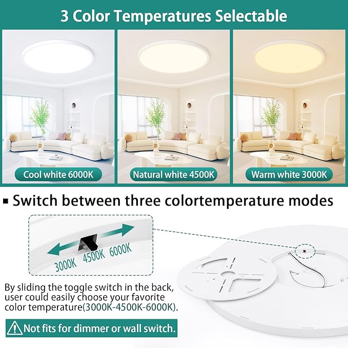 20 Inch Dimmable LED Ceiling Light Fixture, Ultra Thin Flush Mount, 40W 4000Lumen, 3 Color Changeable, Round, White, for Dining Room, Kitchen, Bedroom, Office, Hotel