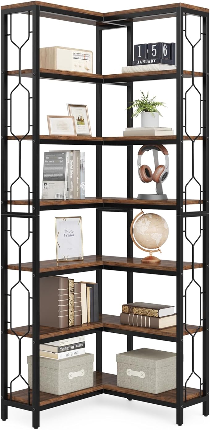 Tribesigns Corner Shelf, 7-Tier Industrial Corner Bookshelf, Wood and Metal Etagere Bookcase, Freestanding Display Shelf for Living Room, Kitchen, Home Office, Rustic Brown