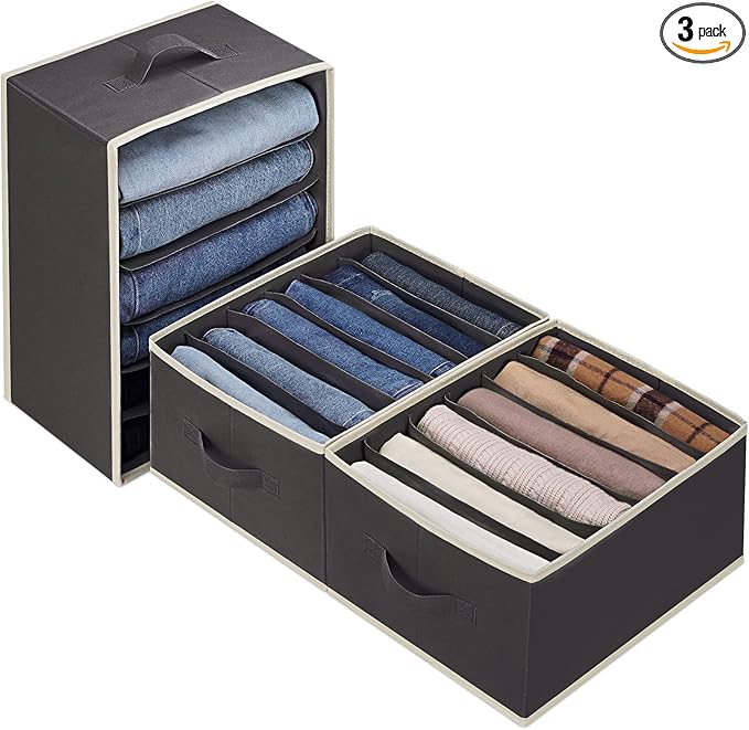 3 Pcs Large Size Wardrobe Clothes Organizers 6 Grids for Pants, Jeans, Sweater, T-shirt, Dress Stackable Closet Drawer Organizer Storage Bin Container with Sturdy Handles, Black