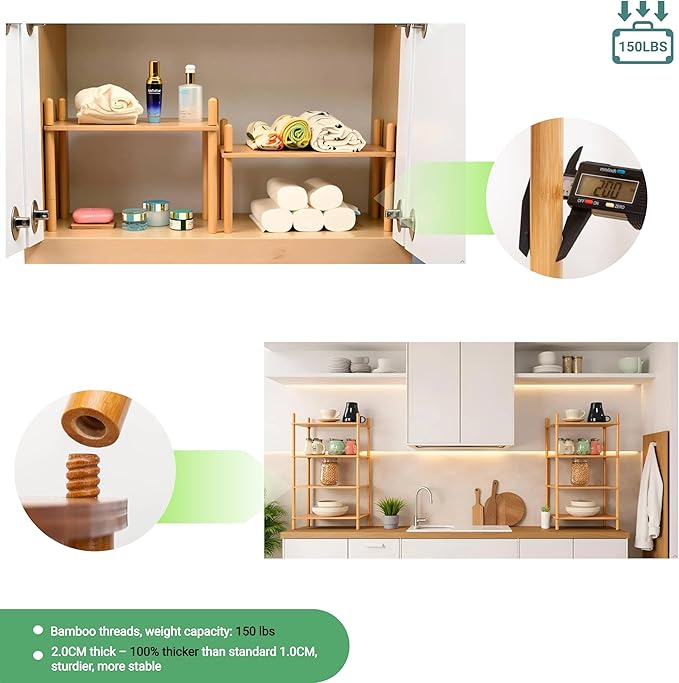 Bamboo Rack | Tool-Free Expandable (2-6 Tiers) | Kitchen Spice Organizer & Office Breakroom Snack/Cup Storage (Natural Bamboo)(Powered by Gogogo) (Natural, 15.6" W(4 Tier))