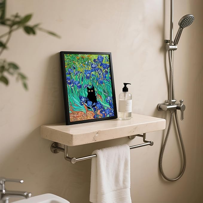 Krtoni Framed Van Gogh Irises Canvas Wall Art, Famous Oil Paintings Garden Flower Black Cat Wall Decor, Impressionism Funny Vintage Print Artwork For Farmhouse Gallery Bathroom 10''L x 8''W