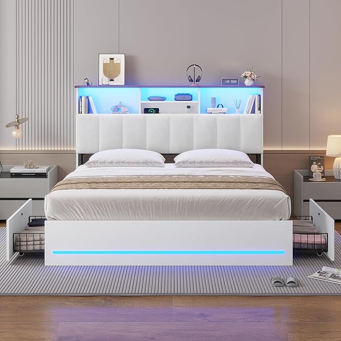 AOGLLATI Full Bed Frame with Stylish Bookcase Headboard & Charging Station & LED Lights,Full Size Bed Frame with 4 Storage Drawers, Metal Slats, No Box Spring Needed,White